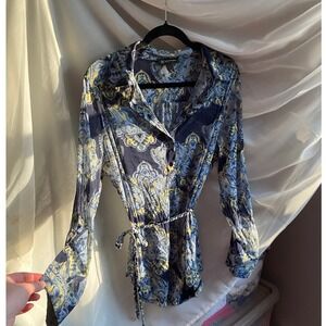 Y2K Mesh Paisley Cinched Blue Tunic Top 1X Sheer Siren Fairy Bohemian Sleaze